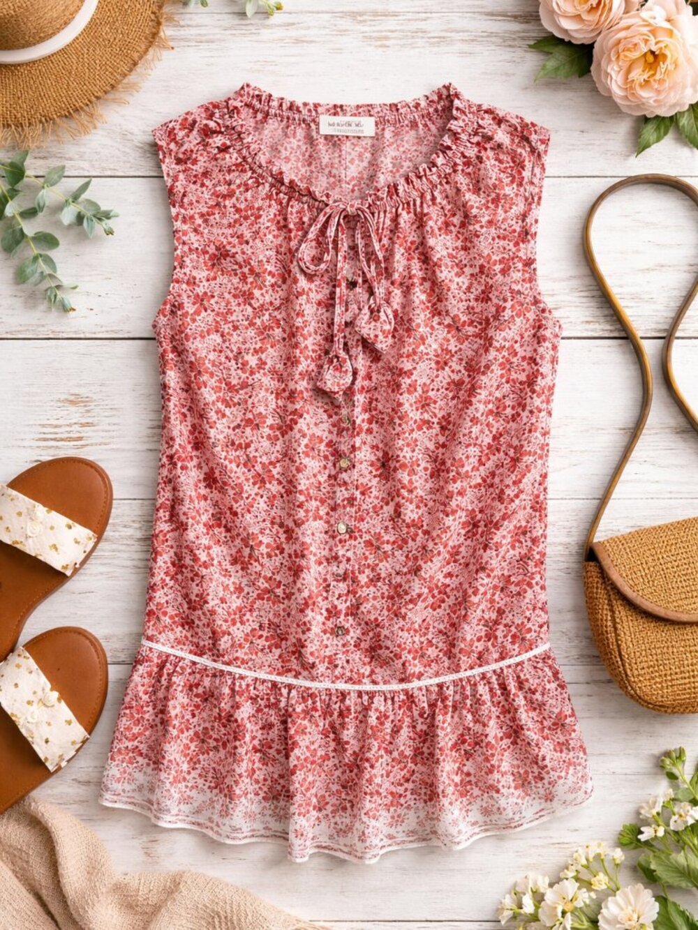 Max Studio Red Floral Sleeveless Blouse M Ruffle Neck Keyhole Top